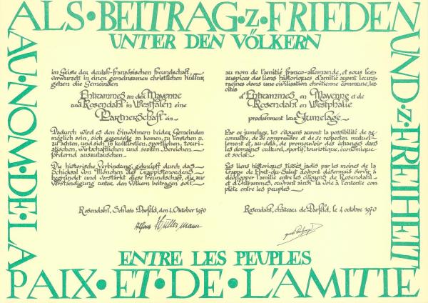 Urkunde der Partnerschaft Rosendahl-Entrammes Schloss Darfeld, 4. Oktober 1979